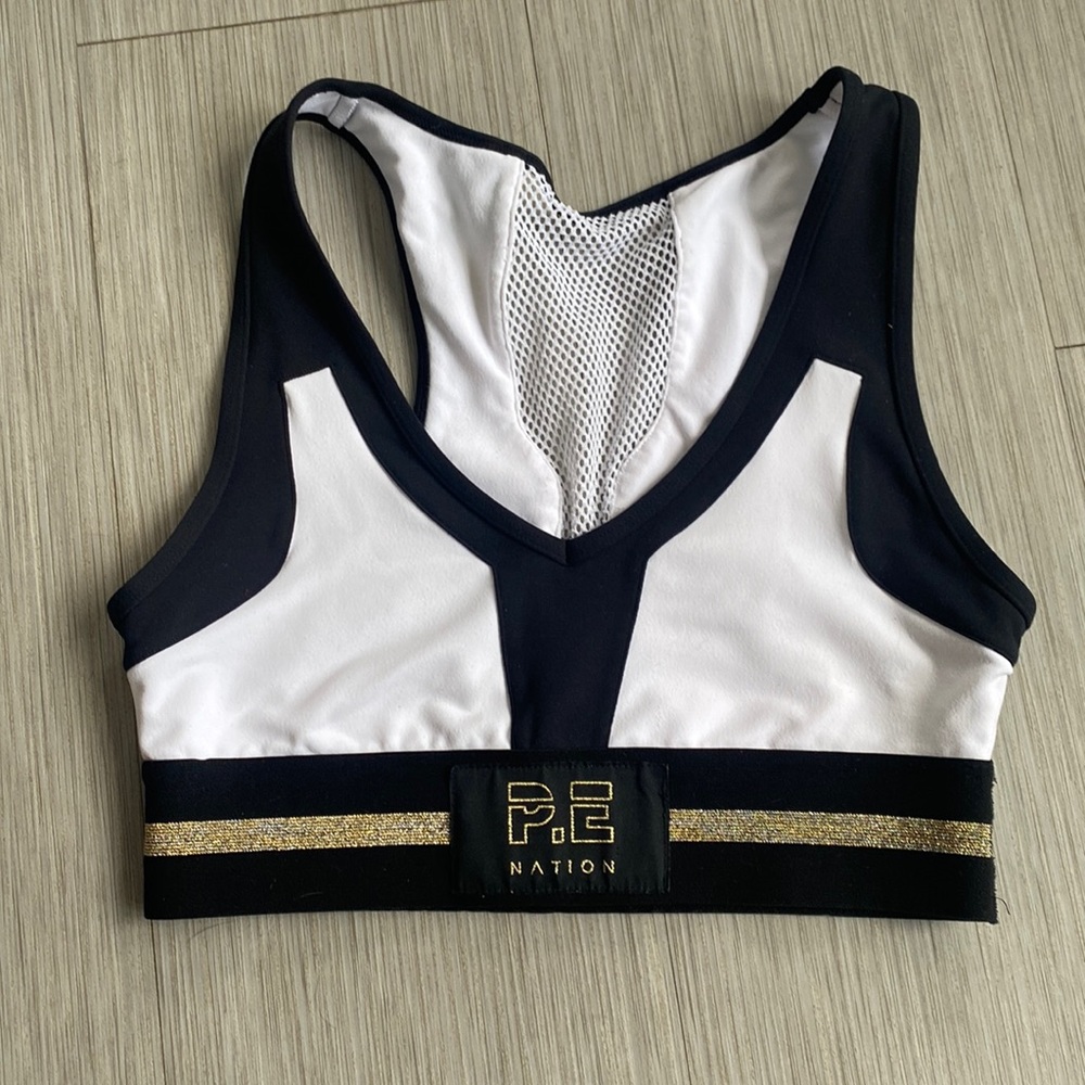 P.E. Nation Sports Bra with mesh back and glitter stripes